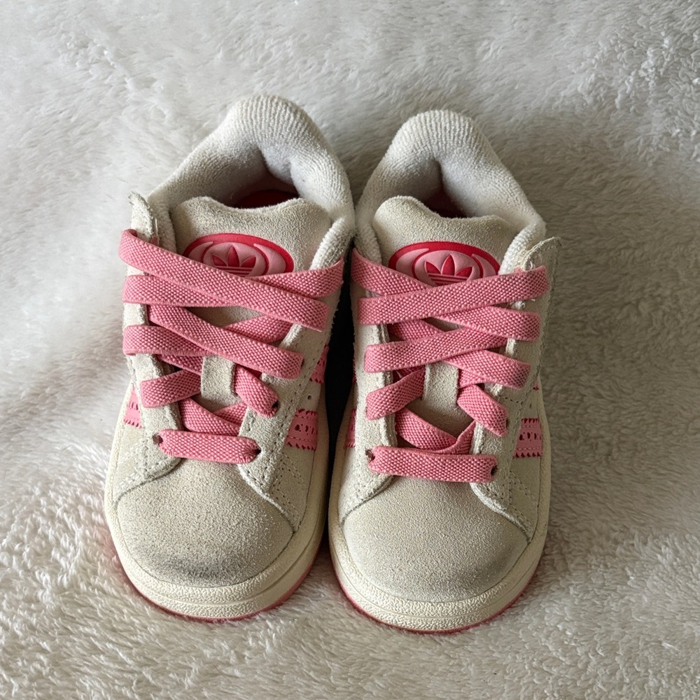 adidas Kids Cream Suede Sneakers with Pink Accents